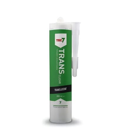 A 310ml tube of Tec 7 Trans7 Transparent Glue and Sealing - Clear, featuring an easy-apply nozzle—now available at tool hire Newry.