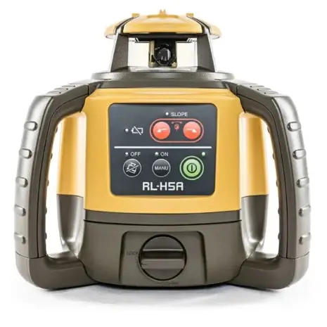Topcon RL-H5A Rotating Laser Level-3 The Topcon RL-H5A Rotating Laser Level features a yellow and grey design with labelled control panel and large side handlesโperfect for precision jobs and available for hire at Tool Hire Newry.