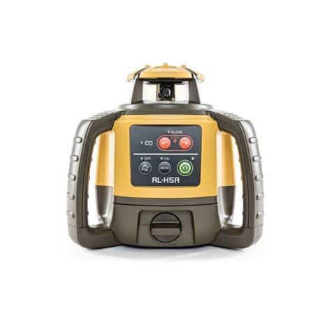Topcon RL-H5A Rotating Laser Level-2 The Topcon RL-H5A Rotating Laser Level, yellow and grey with side handles and a control panel, is available for tool hire in Newry. The unit is shown against a white background.
