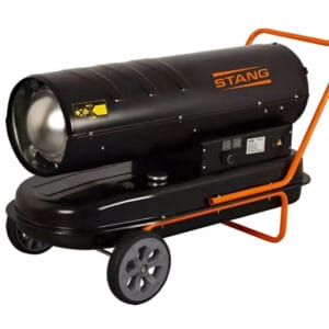 Black portable industrial heater with wheels, an orange handle, and a control panel on the side. The brand "STANG" is printed on the top. Ideal for tool hire Newry needs.