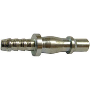 A metal hose barb fitting with a ribbed end for hose attachment and a smooth cylindrical end for securing to another component, available from tool hire Newry.