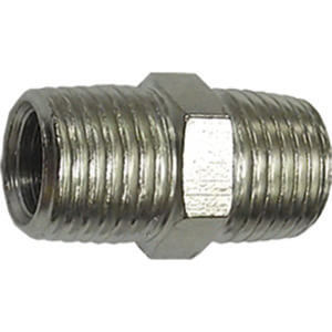 Metal pipe nipple with threaded ends and a hexagonal central section for tighteningโavailable through tool hire Newry.