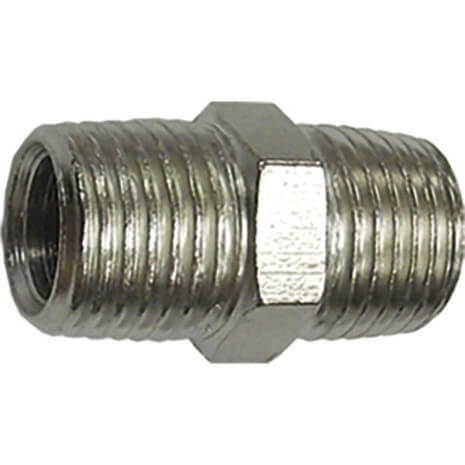 Metal pipe nipple with threaded ends and a hexagonal central section for tightening—available through tool hire Newry.