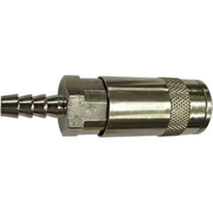 Close-up of a metal quick connect hose fitting with a barbed end and knurled grip, positioned horizontally against a white backgroundโan essential accessory available at tool hire Newry.