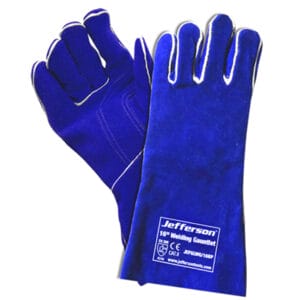 A pair of blue Jefferson 16-inch welding gauntlet gloves with white stitching and printed safety information on the wrist areaโperfect for safe use in any workshop or tool hire Newry setting.