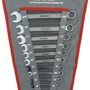 A 12-piece Jefferson combination spanner set in a grey and red roll-up pouch, with sizes labelled from 8 to 22โideal for professionals and available through tool hire Newry.