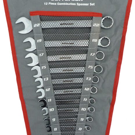 12 Piece Combination Spanner Set - JEFCSS12 A 12-piece Jefferson combination spanner set in a grey and red roll-up pouch, with sizes labelled from 8 to 22—ideal for professionals and available through tool hire Newry.