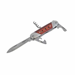 A multi-tool penknife with a wooden handle, featuring an open blade, bottle opener, tin opener, corkscrew, and flathead screwdriverโideal for everyday tasks or tool hire Newry needs.