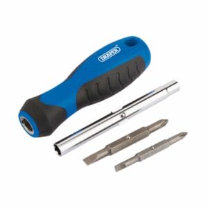 A blue and black handle, two double-ended screwdriver bits, and a metal extension rod are arranged on a white backgroundโperfect components for any project or tool hire Newry service.
