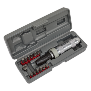 A grey plastic case containing a metal impact driver and multiple screwdriver bits in organised slots—ideal for those seeking tool hire Newry options.