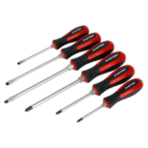 Six screwdrivers with black and red handles are arranged side by side, featuring both flathead and Phillips head tips—ideal for any toolbox or tool hire Newry needs.