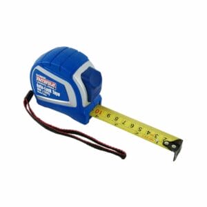 A blue retractable measuring tape with a wrist strap, extended to about 8 centimetresโideal for precise measurements and available through tool hire Newry.