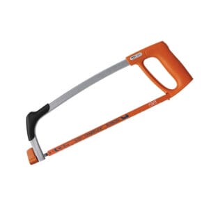 A metal hacksaw with an orange handle and frame, featuring a straight blade and ergonomic grip, is shown on a white backgroundโideal for tool hire Newry customers seeking reliable equipment.