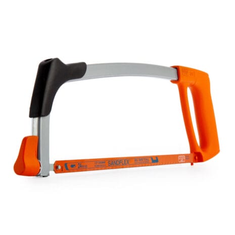 Bahco 317 Hacksaw 12" (300mm) with Sandflex Bi-Metal 24 TPI-2 A metal hacksaw with an orange handle and frame, featuring a Sandflex bimetal blade, is shown on a white background—ideal for those seeking quality tools from tool hire Newry.