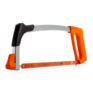 A metal hacksaw with an orange handle and frame, featuring a Sandflex bimetal blade, is shown on a white background—ideal for those seeking quality tools from tool hire Newry.