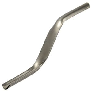 A silver metal bicycle handlebar with a slight rise and angled bends, available at tool hire Newry, shown against a white background.