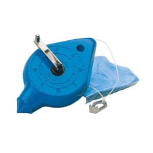 A blue chalk line reel with a metal handle and a length of white string extending from it, available for tool hire in Newry.