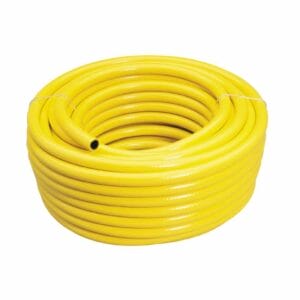 A coiled yellow hose with metal wire securing both sides, shown on a white backgroundโideal for tool hire Newry needs.