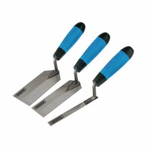 Three metal trowels with blue and black handles are arranged in a row, showing different blade shapes and sizesโideal for any project or tool hire Newry requires.