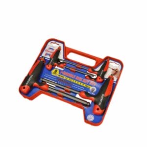 A red and blue plastic case containing a Y-handle hex key set with eight pieces, available from tool hire Newry, featuring various sizes of hex keys arranged securely in moulded slots.