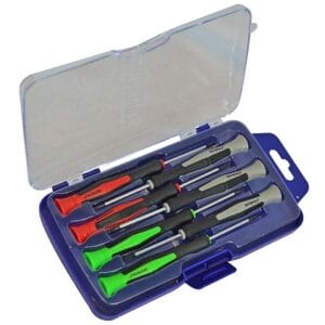 A plastic case containing six precision screwdrivers with coloured handles, arranged neatly insideโideal for those seeking quality tools or considering tool hire in Newry.