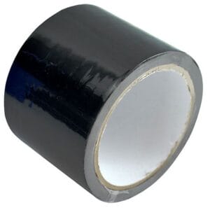 A roll of black adhesive tape with a cardboard core, positioned upright on a white backgroundโideal for tool hire Newry projects and general repairs.