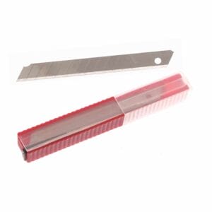 A segmented utility knife blade is shown above a red and clear plastic storage case, ideal for those seeking quality tools and tool hire Newry services.