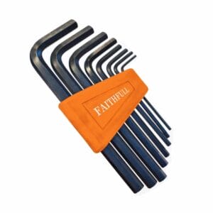 A set of eight black L-shaped hex keys in various sizes, held together by an orange holder labelled "FAITHFULL"โperfect for your next project or tool hire in Newry.