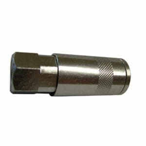 A metal quick-release coupling with a hexagonal end and a knurled grip section, ideal for connecting pneumatic or hydraulic hosesโavailable from tool hire Newry.