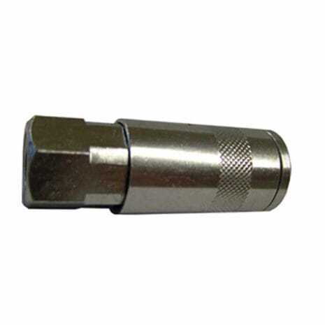 1/4" Female Quick Release to 1/4" Female Thread - JEFA001-CD A metal quick-release coupling with a hexagonal end and a knurled grip section, ideal for connecting pneumatic or hydraulic hoses—available from tool hire Newry.