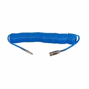 Coiled blue pneumatic hose with metal connectors on both ends, laid out on a white backgroundโideal for tool hire Newry services.