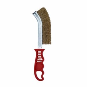 A wire brush with a curved metal head and stiff bristles, featuring a red plastic handle with finger grooves—available for tool hire Newry.