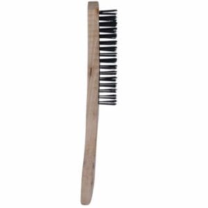 A wooden-handled wire brush with black bristles, shown in a side view against a white background, available for tool hire in Newry.