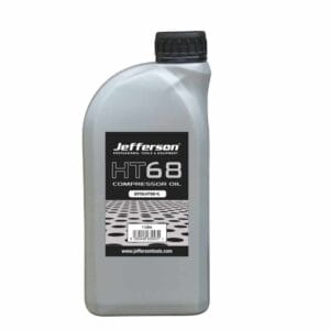 A one-litre bottle of Jefferson HT68 compressor oil with a black cap and product label on the front, available at tool hire Newry.