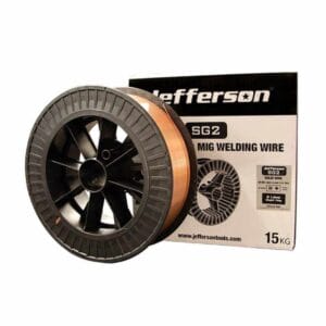 A reel of Jefferson SG2 MIG welding wire, labelled 15 kg, sits next to its boxโavailable at tool hire Newry for your welding needs.