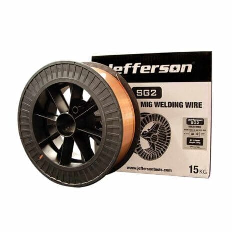 1.2mm 15kg Welding Wire - JEFWP1.2 A reel of Jefferson SG2 MIG welding wire, labelled 15 kg, sits next to its box—available at tool hire Newry for your welding needs.