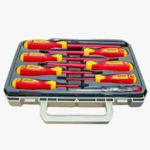 A plastic case containing six red and yellow insulated screwdrivers and one voltage tester, arranged neatly in their slotsโideal for anyone seeking tool hire Newry services.
