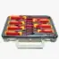 A plastic case containing six red and yellow insulated screwdrivers and one voltage tester, arranged neatly in their slots—ideal for anyone seeking tool hire Newry services.