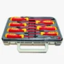A plastic case containing six red and yellow insulated screwdrivers and one voltage tester, arranged neatly in their slots—ideal for anyone seeking tool hire Newry services.