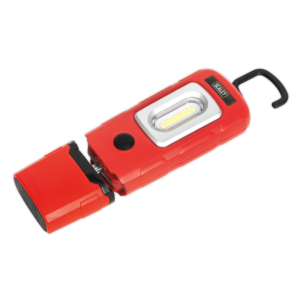 A red rechargeable LED work light with a black hook and a swivel base, designed for hands-free use and adjustable illumination—ideal for tool hire Newry projects and on-site lighting requirements.