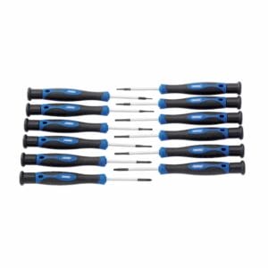 A set of twelve precision screwdrivers with black and blue handles, arranged in two parallel rows on a white backgroundโperfect for those seeking quality tools through tool hire Newry.
