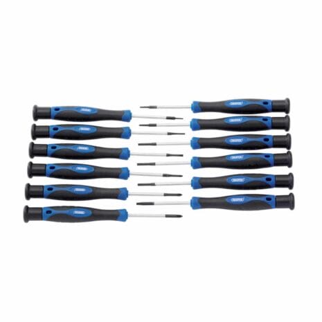 Precision Screwdriver Set (12 Piece) - Draper - 28118 A set of twelve precision screwdrivers with black and blue handles, arranged in two parallel rows on a white background—perfect for those seeking quality tools through tool hire Newry.