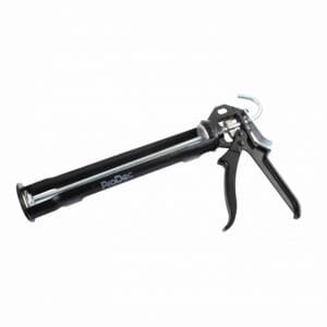A black caulking gun with a metal frame and trigger handle, designed for dispensing sealant or adhesive from a tube—available through tool hire Newry.