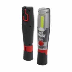Rechargeable Inspection Lamp 8W COB + 1W LED-2 Two LED twist work lights by Sealey, ideal for tool hire Newry, shown front and back. The front reveals the light strip and branding; the back displays a hook for hanging. Both feature black and red detailing.