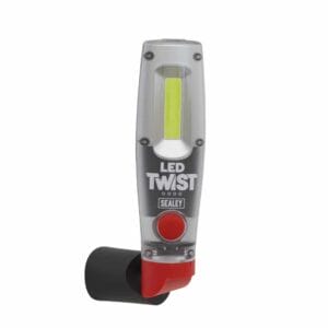 A handheld LED work light with "LED TWIST" and "Sealey" branding, featuring a red power button and mounted on a black and red stand—ideal for tool hire Newry customers seeking reliable illumination.