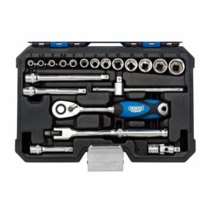 A neatly organised socket spanner set in a black plastic case, featuring sockets, extensions, adaptors, and a ratchet handleโideal for those looking for tool hire in Newry.