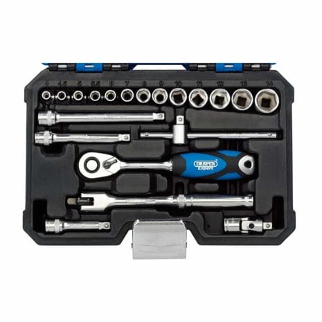 1/4" Sq. Dr. Metric Socket Set (20 Piece) - Draper A neatly organised socket spanner set in a black plastic case, featuring sockets, extensions, adaptors, and a ratchet handle—ideal for those looking for tool hire in Newry.