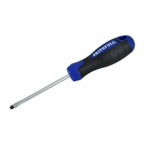 A flat-blade screwdriver with a black and blue handle labelled "Faithfull" and a metal shaft—ideal for your toolkit or for tool hire in Newry.