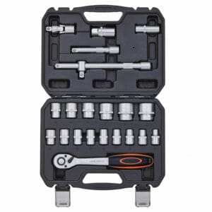 A black plastic tool case open to show a socket spanner set, including a ratchet, socket extensions, and various socket sizes organised in moulded compartmentsโideal for tool hire Newry.