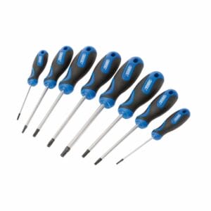A set of eight screwdrivers with black and blue handles, arranged in a row by size, featuring flathead and Phillips head typesโavailable for tool hire in Newry.